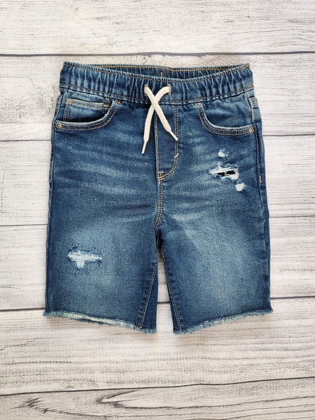 Distressed Functional-Drawstring Pull-On Jean Shorts