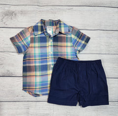 2-Piece Plaid Button-Front Shirt & Shorts Set