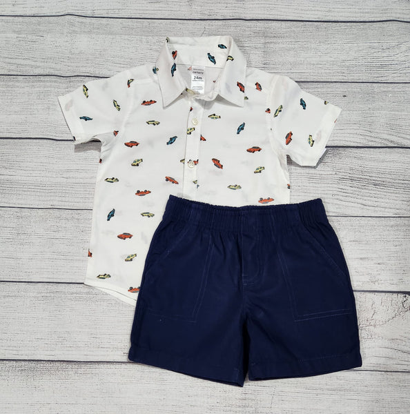 2-Piece Car Button-Front Shirt & Shorts Set