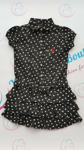 Heart Print Denim Tiered Ruffle Dress